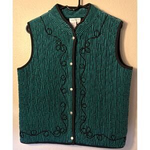 Coldwater Creek Quilted Vest Size M Black Green Checked Zipper Snaps